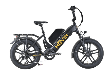 Black electric bike with 'MOVIN' branding on a white background